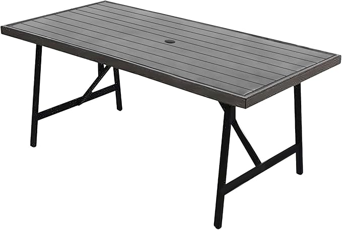 Four Seasons Courtyard 40 x 70 Inch Rectangular Patio Dining Table 2 Tone Aluminum Eastport Slat Tabletop with Rust Proof Aluminum Frame, Black/Coffee