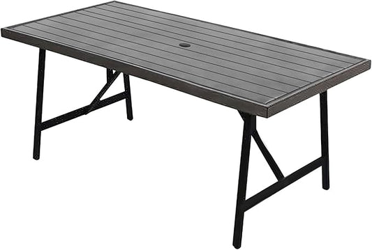 Four Seasons Courtyard 40 x 70 Inch Rectangular Patio Dining Table 2 Tone Aluminum Eastport Slat Tabletop with Rust Proof Aluminum Frame, Black/Coffee