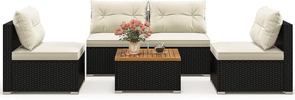Tangkula 5 Piece Rattan Sofa Set, Patiojoy Outdoor Wicker Furniture Set with Seat & Back Cushions, Square Coffee Table, Patio Sectional Sofa Set for Backyard, Poolside, Garden