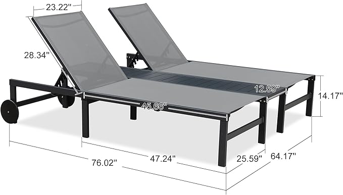 PURPLE LEAF Outdoor Double Chaise Lounge Modern Aluminum Lounge Chairs with Independently Adjustable Backrest Tanning Daybed Reclining Loveseat for Pool Beach Garden Patio Lounger Grey