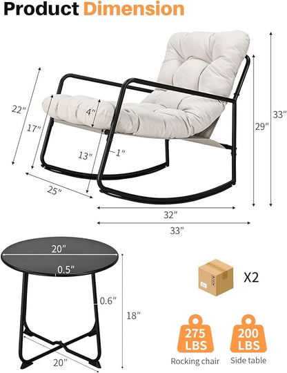 3 Pieces Outdoor Conversation Set, Metal Patio Bistro Set with 2 Outdoor Rocking Chairs and Side Table, Patio Furniture Set with Cushions for Apartment, Porch, Balcony, Poolside, Off-White