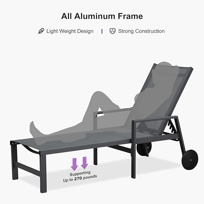 PURPLE LEAF Patio Chaise Lounge Set for 4 Outdoor Pool Lounge Chairs with Armrest and Adjustable Backrest Aluminum Reclining Sunbathing Tanning Chair for Outside Poolside Yard Balcony, Charcoal Grey