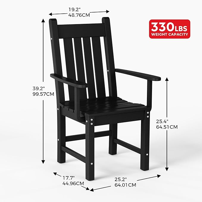 Costaelm Patio Dining Chairs, Plastic Outdoor Adirondack Chair with Arm, HDPE Poly Lumber, Waterproof Restaurant Bistro Dining Chair for Outside Porch Backyard Garden, Black