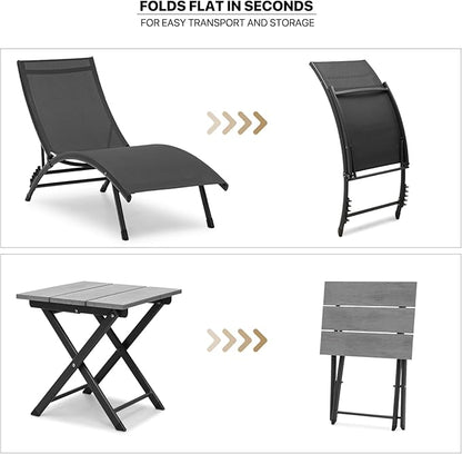 MoNiBloom Outdoor Chaise Lounge Set of 3, Black Aluminum Frame Adjustable Lounge Chairs with Folding Side Table, Breathable All Weather Wavy Sun Lounger for Reading and Sunbathing, 350 Lbs Capacity