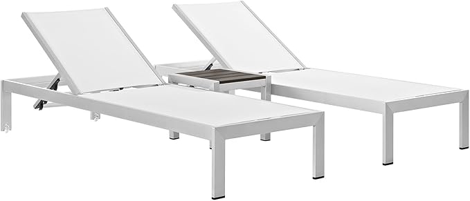 Modway Shore Aluminum Textilene® Mesh Outdoor Patio 3-Piece Poolside Chaise Lounge Chair and Side End Table Set in Silver White