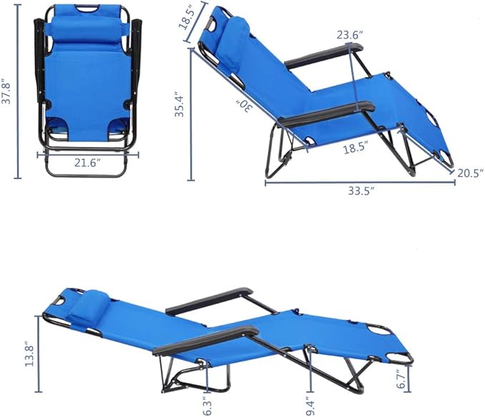 Outdoor Folding Chaise Lounge Chair, Patio Sun Lounger Reclining Beach Chair Sun Patio Pool Lawn Recliner Chair (Blue)