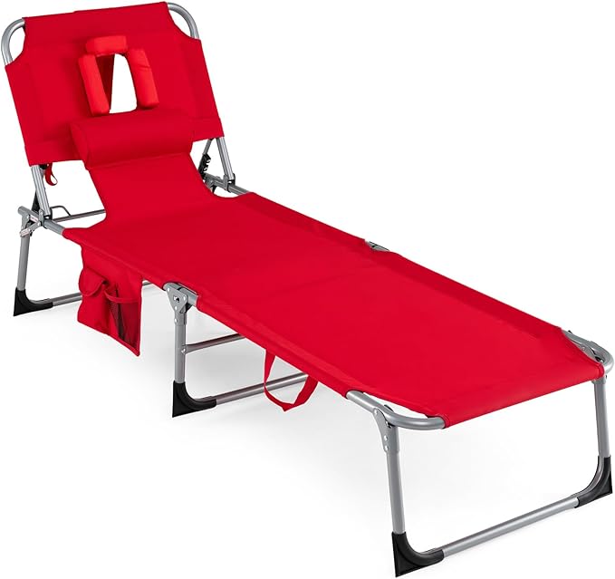 COSTWAY Tanning Chair with Face Hole, Folding Beach Lounge Chair with 4-Position Adjustable Backrest, Pillow & Side Pocket, Foldable Chaise Lounge Chair Outdoor for Sunbathing, Camping (1, Red)