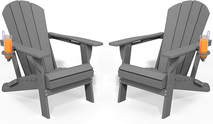 Foldable Adirondack Chair with Cup Holder-Heavy Duty Recycled HDPE Outdoor Patio Furniture, Weather Resistant Deck Lawn Fire Pit Chair (Gray, 2 Chair)