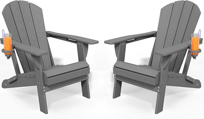 Foldable Adirondack Chair with Cup Holder-Heavy Duty Recycled HDPE Outdoor Patio Furniture, Weather Resistant Deck Lawn Fire Pit Chair (Gray, 2 Chair)