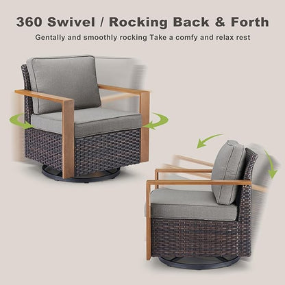 Rilyson Outdoor Wicker Patio Furniture Set - 5 Piece Patio Conversation Set with 2 Wicker Swivel Rocker Chairs,2 Rattan Ottoman and 1 Couch,Thick Cushions,Deep Seating,Wide Armrest(Brown/Grey)