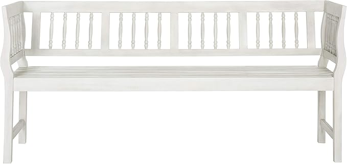 SAFAVIEH Outdoor Patio Furniture Collection – Brentwood Antique White Distressed Acacia Wood Bench with Silver Accents, Classic Outdoor Seating for Porch or Garden (PAT6732C)
