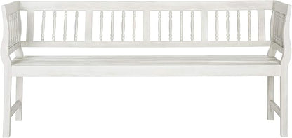SAFAVIEH Outdoor Patio Furniture Collection – Brentwood Antique White Distressed Acacia Wood Bench with Silver Accents, Classic Outdoor Seating for Porch or Garden (PAT6732C)