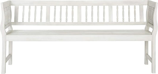 SAFAVIEH Outdoor Patio Furniture Collection – Brentwood Antique White Distressed Acacia Wood Bench with Silver Accents, Classic Outdoor Seating for Porch or Garden (PAT6732C)
