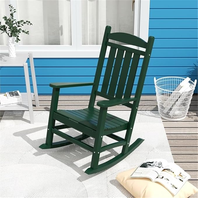 Costaelm Oversized Outdoor Rocking Chair, High Back Porch Rocker Chair, HDPE All Weather Resistant Outdoor Seating Furniture Wide Rocker Chair for Patio, Lawn, Garden, Dark Green