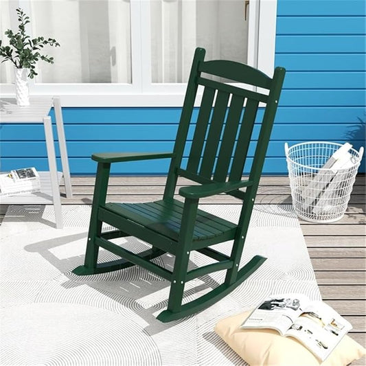 Costaelm Oversized Outdoor Rocking Chair, High Back Porch Rocker Chair, HDPE All Weather Resistant Outdoor Seating Furniture Wide Rocker Chair for Patio, Lawn, Garden, Dark Green