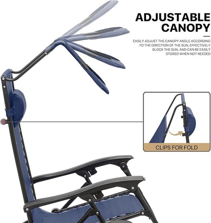 MoNiBloom Zero Gravity Chairs Set of 2, Patio Anti Gravity Recliner with Canopy Shade, Foldable Outdoor Lounger with Cup Holder Tray and Headrest for Beach Camping, Navy Blue