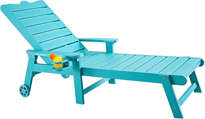 ONBRILL Patio Lounge Chairs with 5-Level Adjustable Backrest, Outdoor Chaise Lounge with CupHolder, All-Weather Lounge Chairs, No Rust, No Fade, No Break, HDPS Material, 350lbs Capacity, Blue