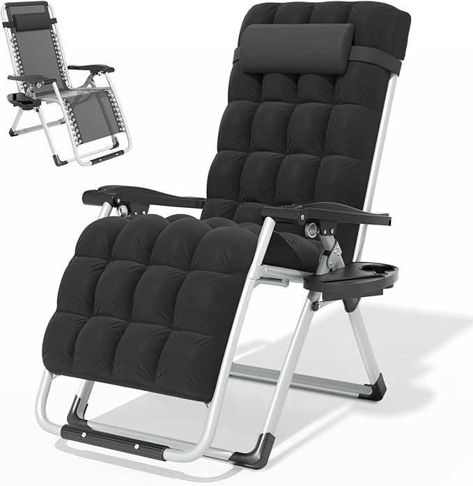 Magshion Zero Gravity Chair with Cushion, Reclining Outdoor Patio Lounge Chair, Folding Indoor Anti Gravity Recliner, Portable Lounger with Removable Cup Holder Side Tray and Pillow Headrest (Black)