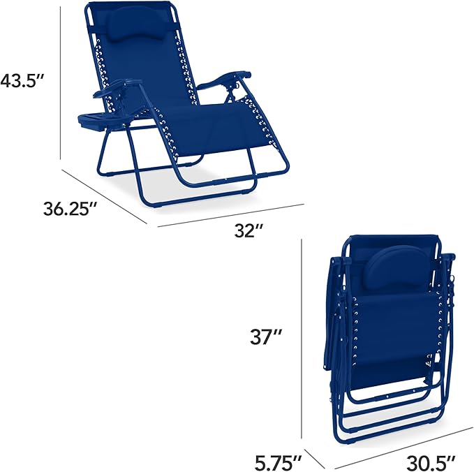 Best Choice Products Oversized Zero Gravity Chair, Folding Outdoor Patio Lounge Recliner w/Cup Holder Accessory Tray, Pillow - Marine