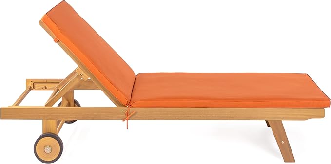 JONATHAN Y LNG1000C Mallorca 77.56"x23.62" Modern Classic Adjustable Acacia Wood Chaise Outdoor Lounge Chair with Cushion & Wheels Coastal, Bohemian, Minimalist, Traditional, Orange/Natural