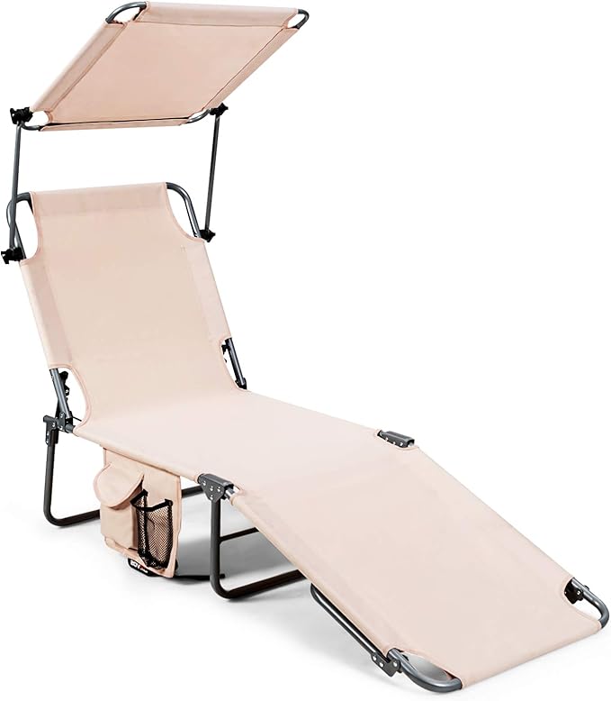 Giantex Tanning Chair, Patio Chaise Lounge Chair with 5 Adjustable Position, Shade Canopy, Storage Pocket, Camping Cot, Outdoor Sunbathing Recliner for Poolside, Lawn Folding Beach Chairs(1, Beige)