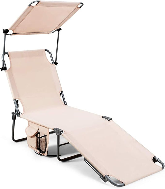 Giantex Tanning Chair, Patio Chaise Lounge Chair with 5 Adjustable Position, Shade Canopy, Storage Pocket, Camping Cot, Outdoor Sunbathing Recliner for Poolside, Lawn Folding Beach Chairs(1, Beige)