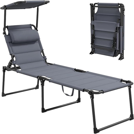 3-in-1 Oversized Sun Tanning Chair with Mat & Face Hole, Heavy Duty Folding Chaise Lounge - 5-Position Adjustable Outdoor Chair for Beach, Pool, Patio, Lawn, Yard - Includes Pillow (Gray 3)