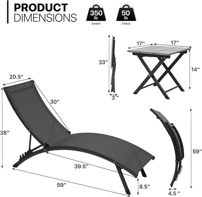 MoNiBloom Outdoor Chaise Lounge Set of 3, Black Aluminum Frame Adjustable Lounge Chairs with Folding Side Table, Breathable All Weather Wavy Sun Lounger for Reading and Sunbathing, 350 Lbs Capacity