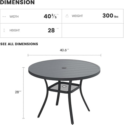 Patio Dining Table for 4, Round Metal Outdoor Table with Storage Shelf, 1.57" Umbrella Hole, 41" Outdoor Slat Tabletop Dining Table for Backyard, Porch, Lawn, Dark Grey