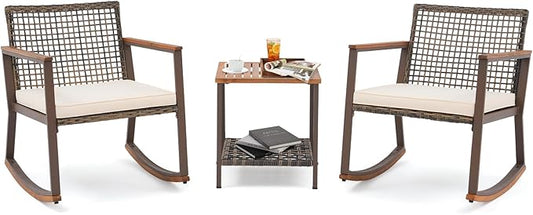 Verano Garden 3 Pieces Rocking Bistro Set, Outdoor Conversation Bistro Chairs and Table Set with Wood Armrest and Soft Cushions, Small Porch Set Balcony Set for Garden, Patio, Yard