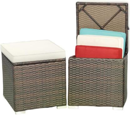 MEDIMALL Patio Wicker Ottoman Set of 2, Multipurpose Outdoor Footstool w/Removable Cushions, Rattan Side Table w/Storage, Footstool Ottoman Seat for Garden, Backyard, Poolside (Off White)