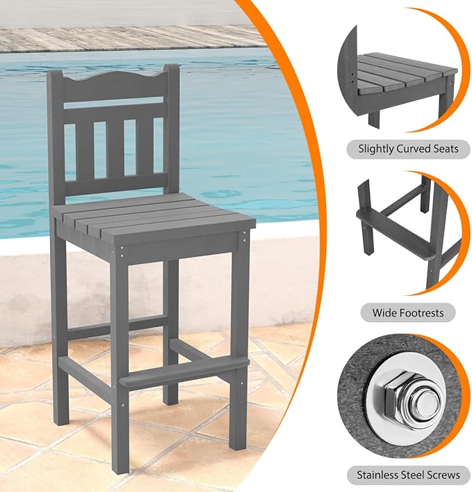 Sundale Outdoor Tall Adirondack Bar Chair Set of 2, HDPE Patio Bar Stools with Backrest, 27.5 Inch Seat Height Tall Bistro Dining Counter Stool, All-Weather Pub Height Chair, Gray