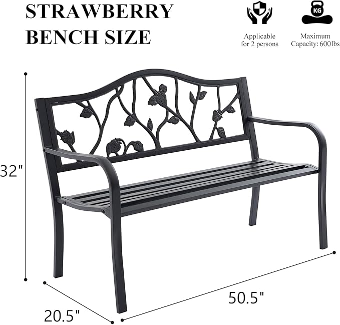 50" Outdoor Garden Bench, Cast Iron Metal Outdoor Benches Weatherproof with Artistic Strawberry Backrest - Photo 3