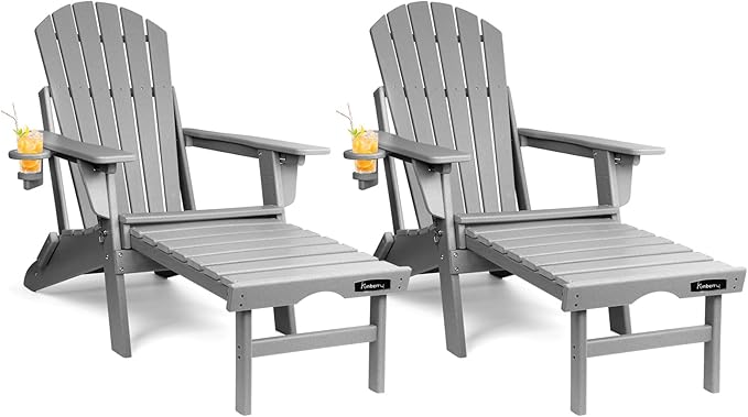 FUNBERRY Adjustable Folding Adirondack Chairs Set of 2 with Retractable Ottoman, All Weather Fire Pit Chairs with Cup Holder