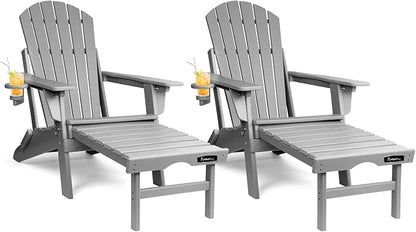 FUNBERRY Adjustable Folding Adirondack Chairs Set of 2 with Retractable Ottoman, All Weather Fire Pit Chairs with Cup Holder