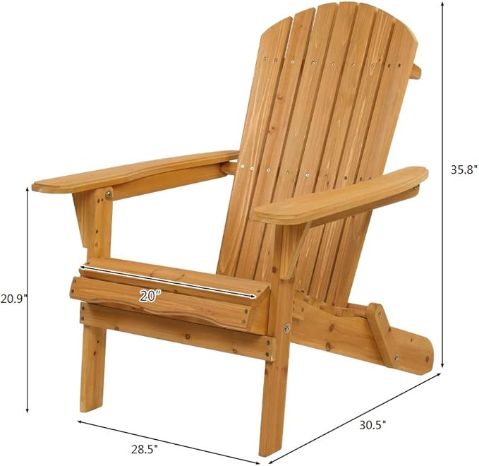 VINGLI Wooden Adirondack Chair Ergonomic Design (2pk), Folding Outdoor Patio Lounger Armchair Furniture w/Natural Finish, for Beach, Poolside, Balcony