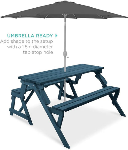 Best Choice Products 2-in-1 Transforming Interchangeable Outdoor Wooden Picnic Table Garden Bench for Backyard, Porch, Patio, Deck w/Umbrella Hole - Harbor Blue