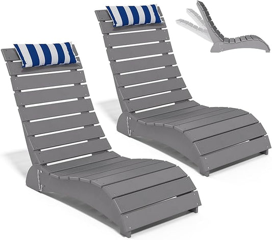 Pool Lounge Chairs Set of 2, HDPE Adjustable Chaise Chairs with Headrest, Weighted Fade-Resistant Pool Chairs and Lounger for Baja Ledge，Poolside and Deck, Grey