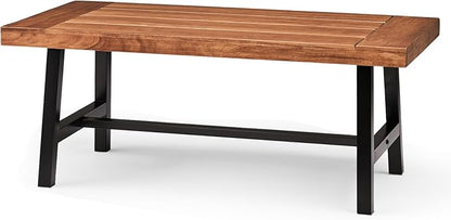 VINGLI Outdoor Wooden Coffee Table, Metal Frame Heavy Duty Patio Coffee Table for Outside, All Weather Solid Wood Low Outdoor Table for Balcony Porch and Deck, Rectangle