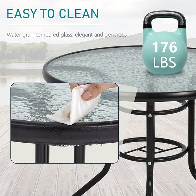 32in Outdoor Table Patio Dining Table Outdoor Dining Table with Umbrella Hole Round Tempered Glass for Yard Bistro Lawn - Photo 5