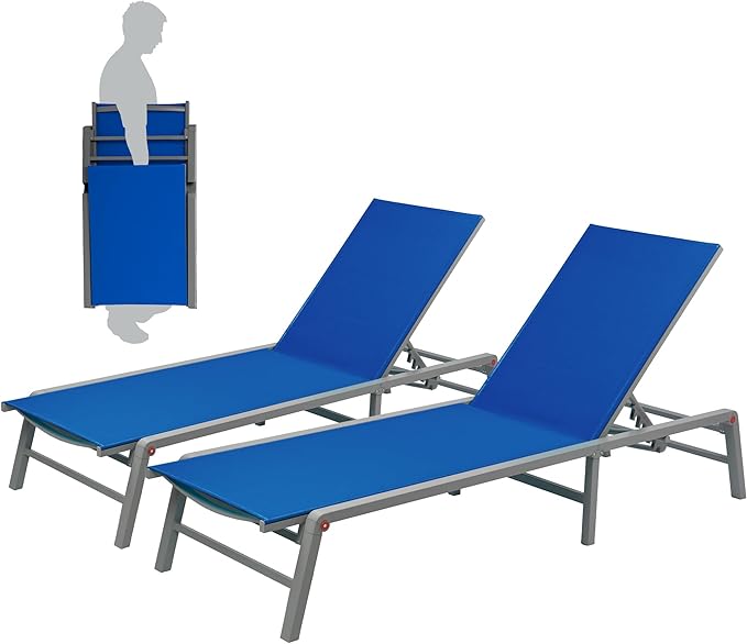 Kozyard 2-Pack Outdoor Lounge Chairs, Foldable Aluminum Frame Patio Chaise Lounge with 5-Position Adjustable Backrest - Photo 7