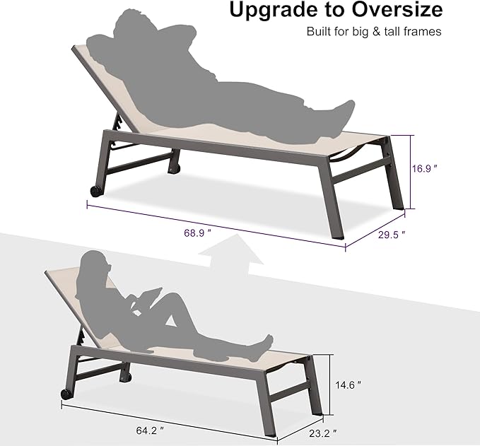 PURPLE LEAF Outdoor Chaise Lounge Set for 2 Oversized Pool Lounge Chairs with Easy-to-Move Wheels and Adjustable Backrest Extra Large Patio Loungers for Poolside Deck Beach Yard Table Included, Khaki