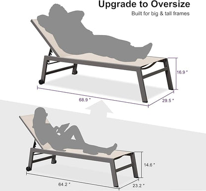 PURPLE LEAF Outdoor Chaise Lounge Set for 2 Oversized Pool Lounge Chairs with Easy-to-Move Wheels and Adjustable Backrest Extra Large Patio Loungers for Poolside Deck Beach Yard Table Included, Khaki