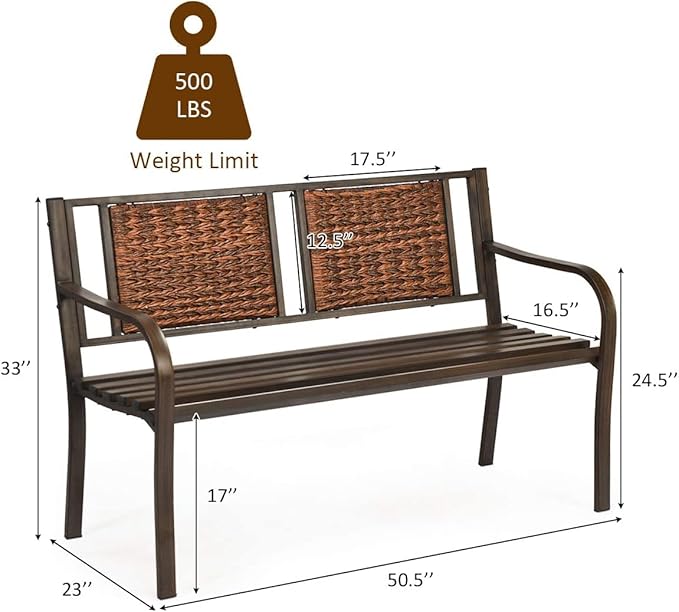 S AFSTAR Outdoor Garden Bench, Brown, Iron, Metal, Polyethylene, Rattan, 50.5 in Width, 2 Adults - Photo 3