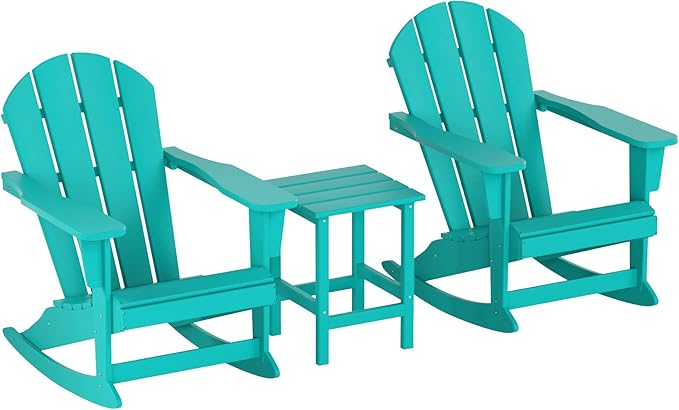 WO WESTIN OUTDOOR HDPE Laguna Outdoor Rocking Poly Adirondack Chair with Side Table 3-Piece Set, Turquoise