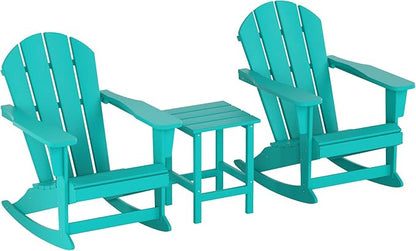 WO WESTIN OUTDOOR HDPE Laguna Outdoor Rocking Poly Adirondack Chair with Side Table 3-Piece Set, Turquoise