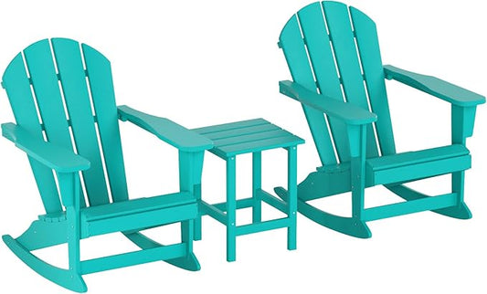 WO WESTIN OUTDOOR HDPE Laguna Outdoor Rocking Poly Adirondack Chair with Side Table 3-Piece Set, Turquoise