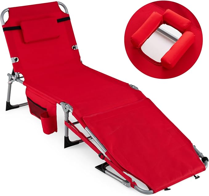 COSTWAY Tanning Chair with Face Hole, Folding Sun Bathing Lounge Chair with Armrest, Side Pocket & Protective Flap - Photo 1
