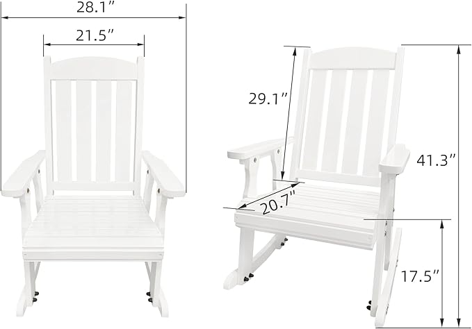 Fortune Candy Wooden Patio Rocking Chair with Comfortable Backrest Inclination, High Backrest and Deep Contoured Seat, Solid Fir Wood, Heavy Duty 600 LBS (Pure White, 2 Pieces)