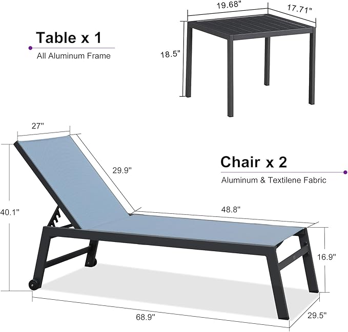 PURPLE LEAF Outdoor Chaise Lounge Set for 2 Oversized Pool Lounge Chairs with Easy-to-Move Wheels and Adjustable Backrest Extra Large Patio Loungers for Poolside Deck Beach Yard Table Included, Teal